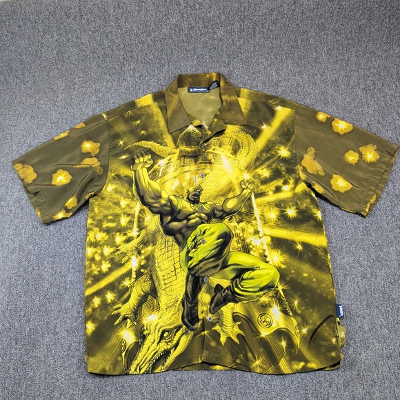 Veezo Vintage Y2K Anime Button Down Shirt XL Yellow Dragon Warrior Streetwear — photo 2